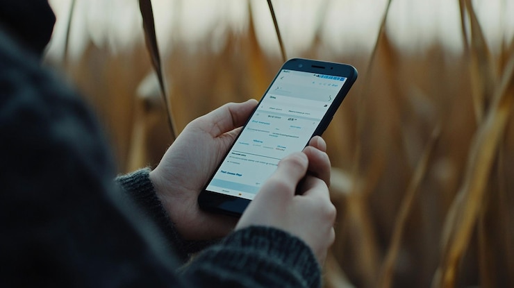 PSD person, die daten auf einem smartphone in einem feld überprüft