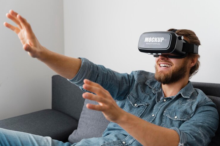 PSD person, die zu hause spaß mit vr brillenmodell hat