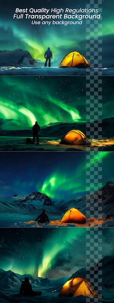 PSD a person is standing in front of a tent and the aurora is in the background