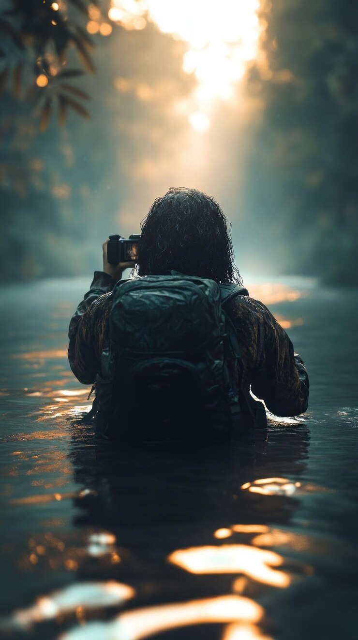 Person with backpack taking photos in a river at sunset