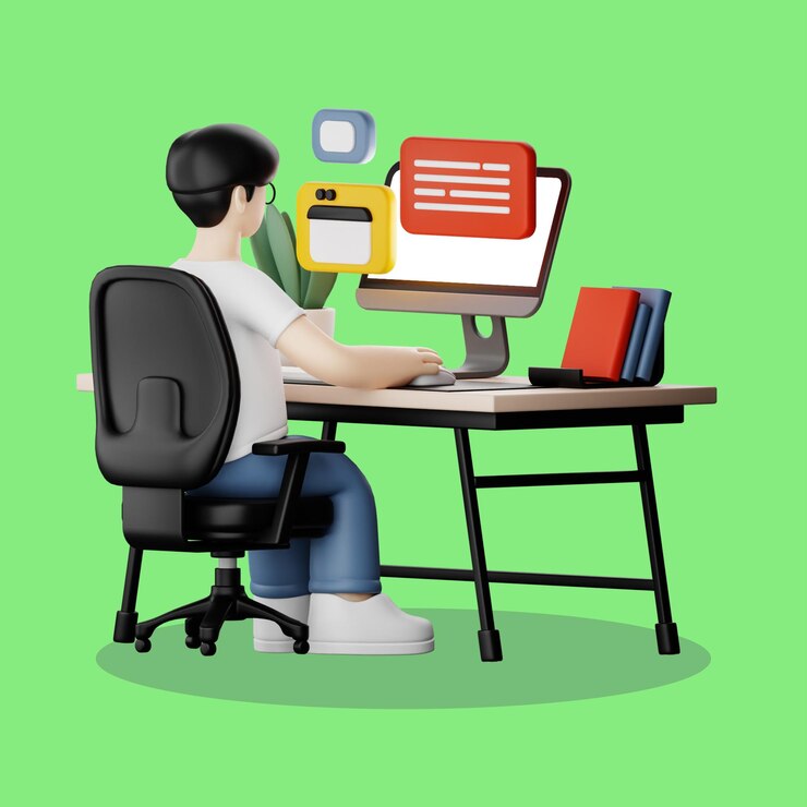PSD person working on computer in a 3d cartoon style