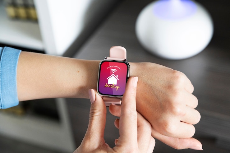 PSD persona con aplicación de automatización en un reloj digital