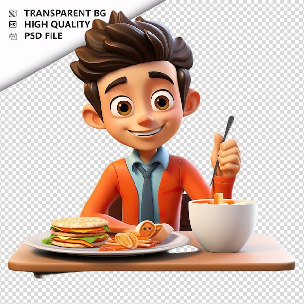 PSD persona asiática comiendo 3d estilo de dibujos animados fondo blanco iso