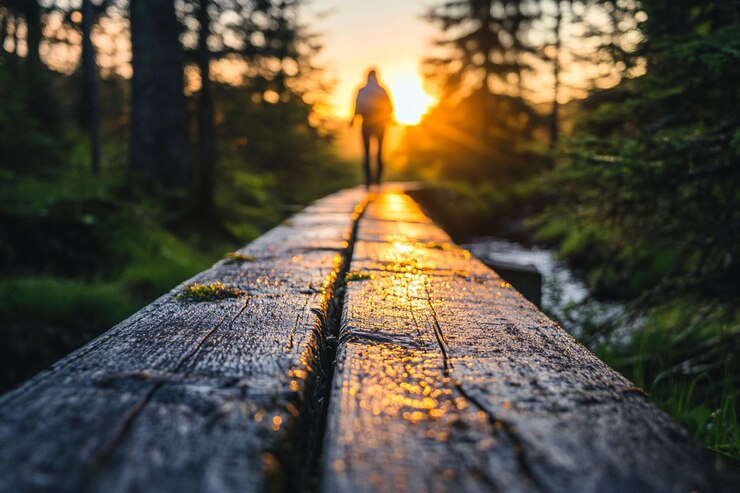 PSD persona caminando por un sendero de madera hacia la puesta de sol en el bosque