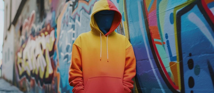 PSD persona che indossa un cappuccio giallo arancione e rosso ombre di fronte al muro di graffiti