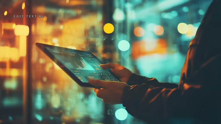 PSD persona che utilizza un tablet con grafici di dati di notte