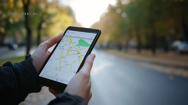 Persona che utilizza un tablet con un'app mappa all'aperto in autunno