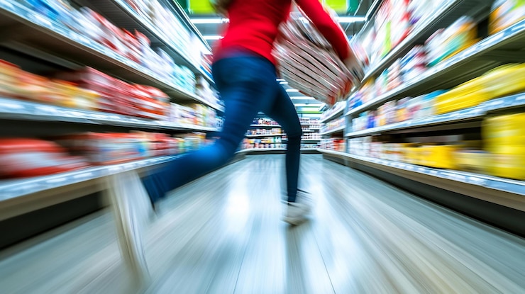 PSD una persona corriendo rápidamente a través de un pasillo del supermercado efecto borrón de movimiento