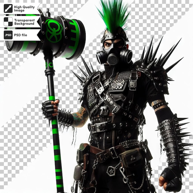 PSD una persona en un disfraz con una gran espada y un monstruo verde