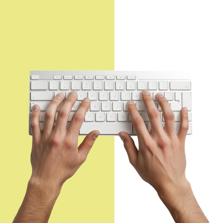 PSD una persona escribiendo en un teclado con sus manos ratón y un fondo blanco en una fotografía de vista superior fotografía aislada contra un fondo de color blanco fondo alfa transparente png
