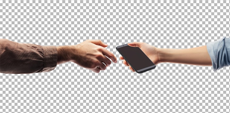 PSD una persona está dando un teléfono a otra mano aislada sobre un fondo blanco