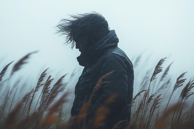 PSD una persona está de pie en un campo de hierba alta con el viento soplando su cabello creando una sensación de soledad y misterio