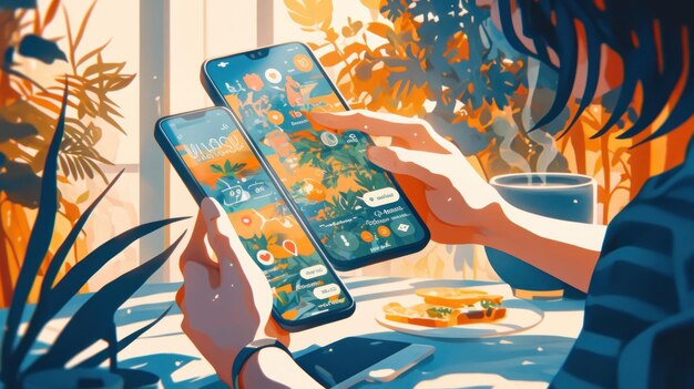 Una persona está usando dos teléfonos inteligentes con un fondo ilustrado brillante. La persona está sentada en un café usando aplicaciones y navegando por Internet.