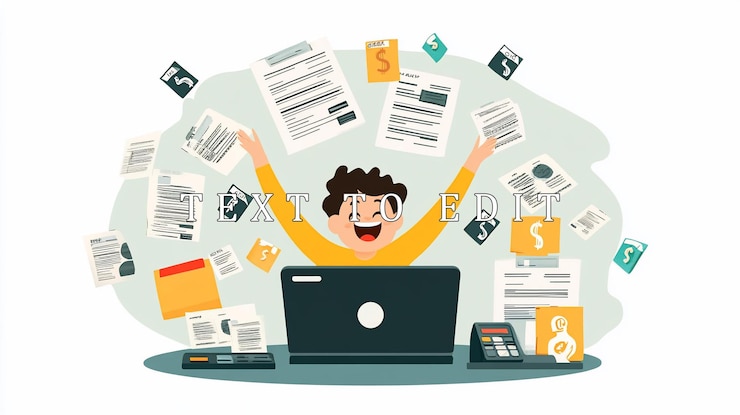 PSD persona felice che celebra il completamento di documenti finanziari con successo sul portatile