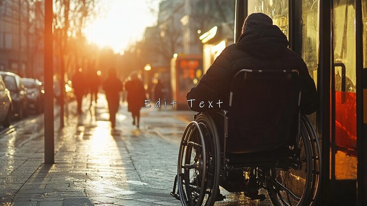 PSD persona in sedia a rotelle al tramonto in una strada della città