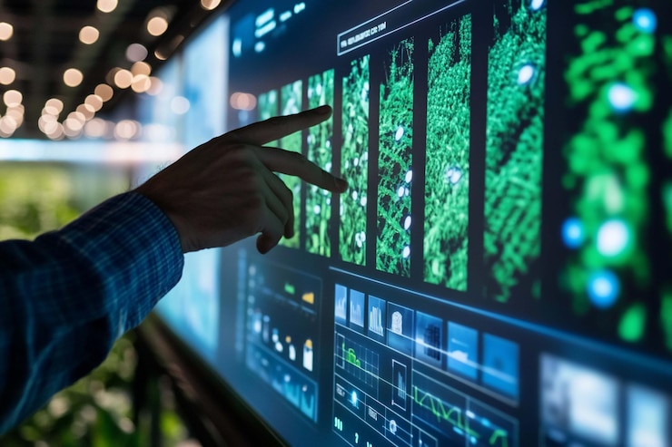 PSD persona interactuando con una gran pantalla interactiva que muestra visualizaciones de datos agrícolas