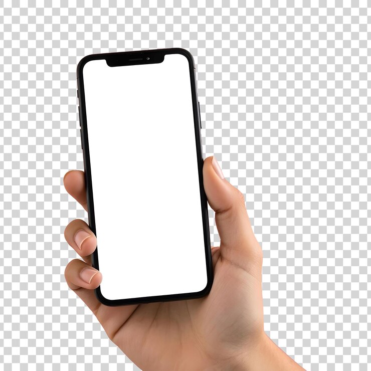 PSD una persona con una mano sosteniendo un teléfono inteligente con una pantalla en blanco aislada sobre un fondo transparente