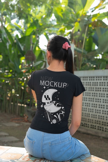 Persona con maqueta de camiseta con vista posterior