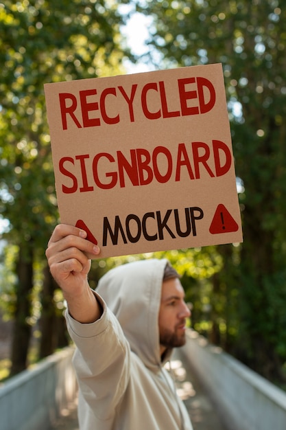 Persona con una maqueta de cartel reciclado