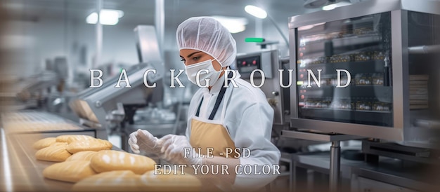 Una persona con una máscara está trabajando en una fábrica de producción de panadería luz azul