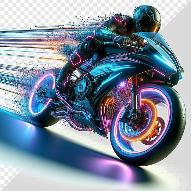 PSD una persona en una motocicleta con un diseño azul y púrpura en la espalda