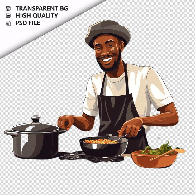 PSD persona negra cocinando icono plano estilo fondo blanco iso