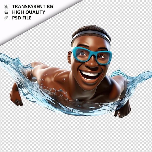 Persona negra nadando en 3d estilo de dibujos animados con fondo blanco