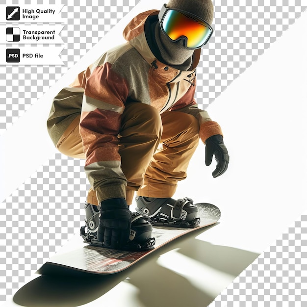 PSD persona psd con snowboard sobre un fondo transparente con capa de máscara editable