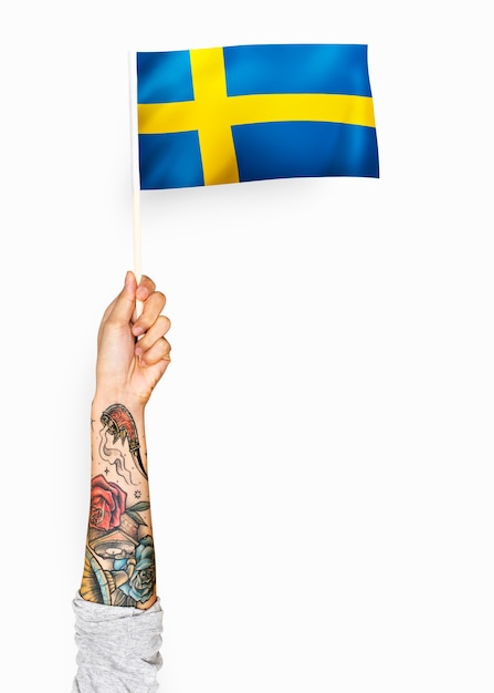 Persona que agita la bandera del Reino de Suecia