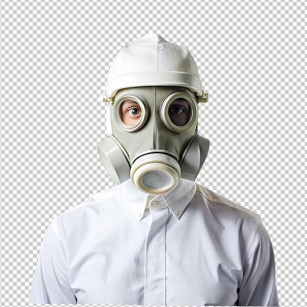 Persona que lleva una máscara de gas en un fondo transparente