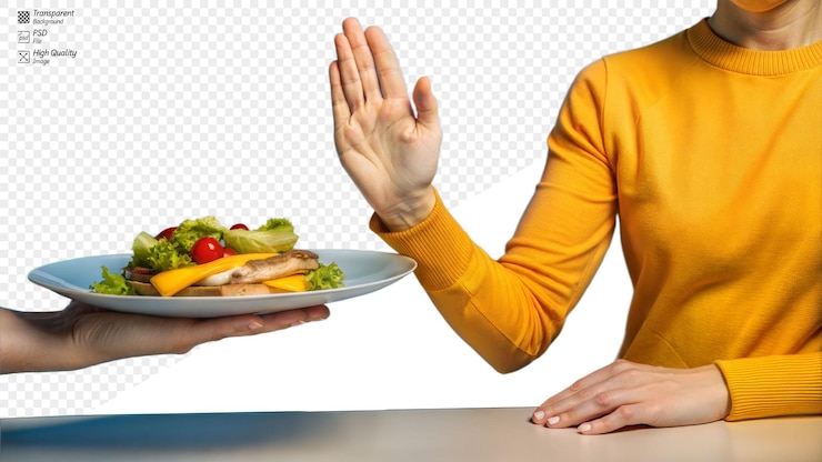 PSD persona que se niega a un plato de alimentos que sugiere una restricción dietética sobre un fondo transparente
