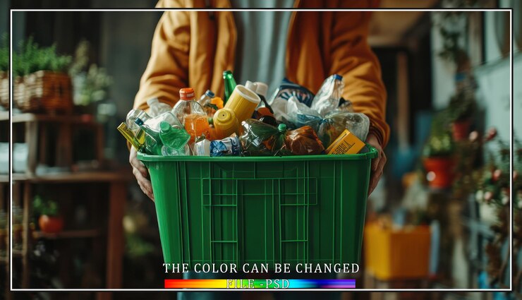 PSD persona que sostiene un contenedor de reciclaje verde lleno de botellas de plástico y otros materiales reciclables