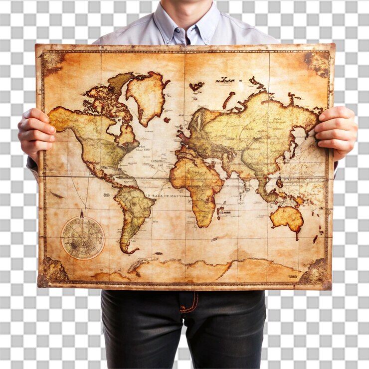 PSD persona que sostiene un mapa antiguo aislado en un fondo transparente