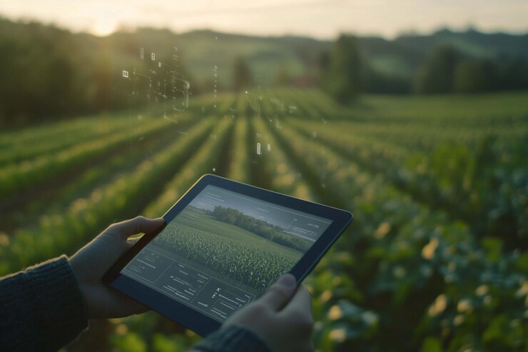 PSD persona que sostiene una tableta que muestra datos agrícolas superpuestos en un campo al atardecer