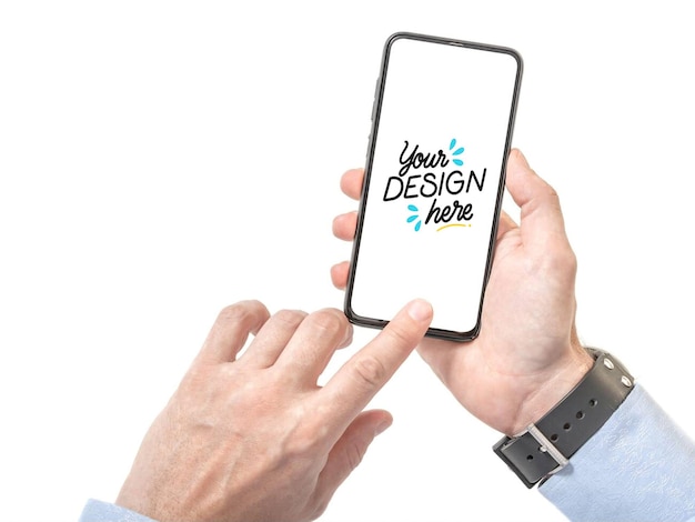 Persona que sostiene un teléfono inteligente con una pantalla en blanco para la maqueta