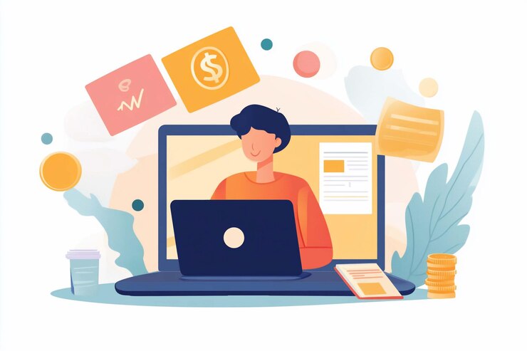 PSD persona que trabaja en una computadora portátil con elementos financieros