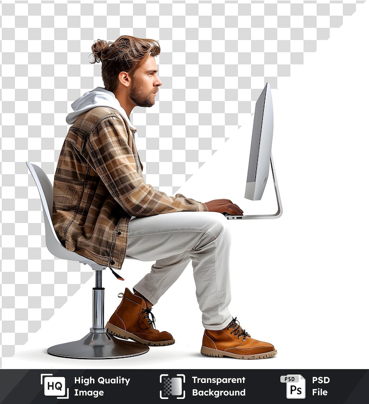 PSD persona que trabaja en una pantalla de computadora transparente imagen sentada cómodamente en una silla tipo eficiente