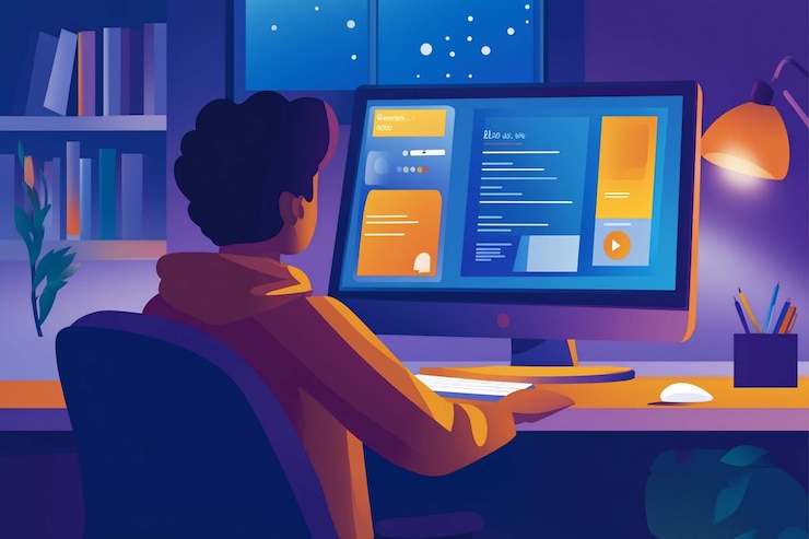 PSD persona que trabaja hasta tarde en la noche en la computadora en la oficina de su casa persona que se centra en la pantalla de la computadora con varios elementos de diseño gráfico mostrados