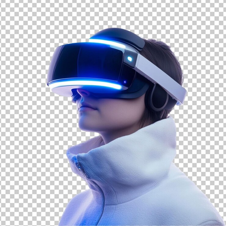 PSD persona que usa gafas de realidad virtual futurista sobre un fondo transparente