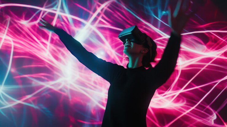 PSD persona que utiliza auriculares de realidad virtual con luces de colores