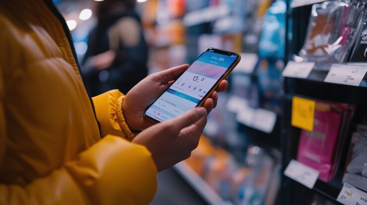 PSD persona que utiliza un teléfono inteligente en la tienda