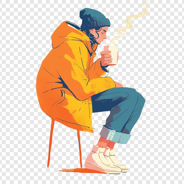 PSD una persona sentada en una chaqueta amarilla con una taza de café