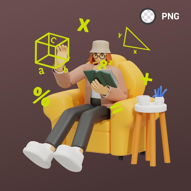 Una persona sentada en una silla con un libro y un cubo con una letra png.