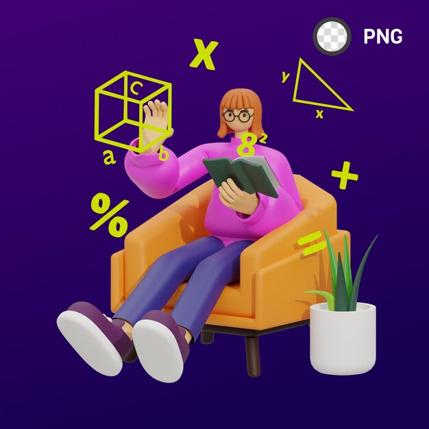 Una persona sentada en una silla naranja leyendo un libro con un gran número png en la parte superior.