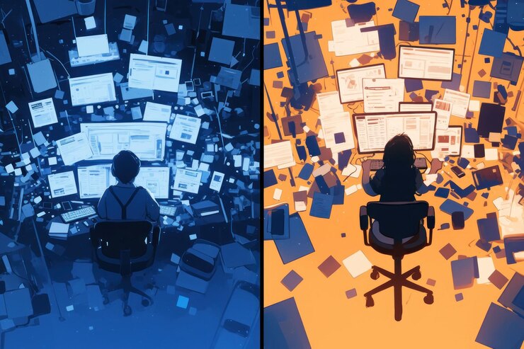PSD una persona se sienta en un escritorio de computadora rodeada de una serie caótica de monitores, papeles y otros objetos. el lado izquierdo está dominado por tonos azules mientras que el lado derecho es naranja.