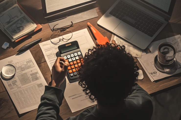 PSD una persona se sienta en un escritorio con un papeleo de calculadora y una computadora portátil trabajando hasta tarde en la noche