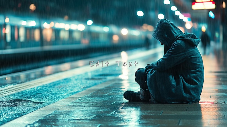 PSD persona solitaria sentada en una plataforma empapada de lluvia por la noche