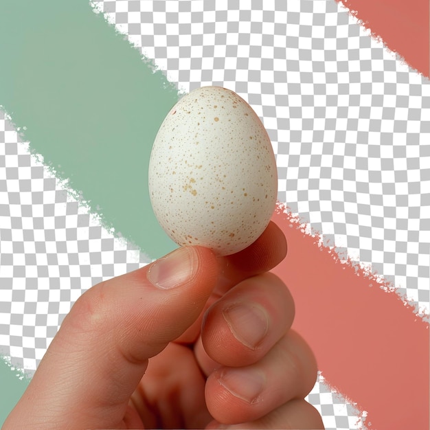 Una persona sosteniendo un huevo que es blanco con rayas verdes y rojas