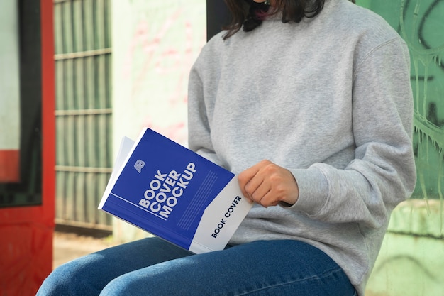 Persona sosteniendo un libro con tapa de maqueta