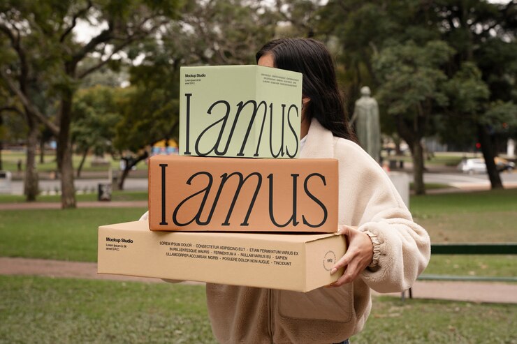 PSD persona sosteniendo maqueta de cajas